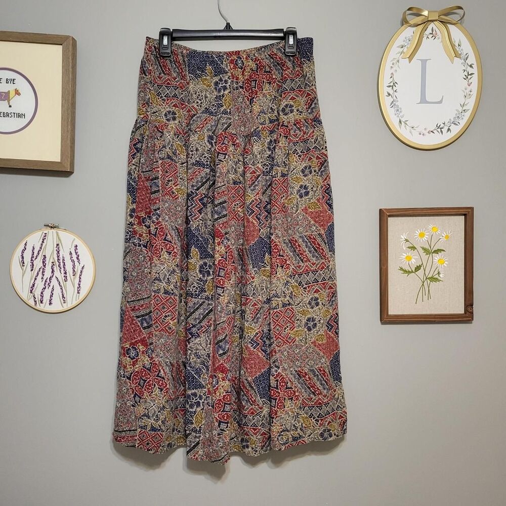 Vtg 90s Putumayo Women's Patchwork Print Midi Skirt Grunge Indie Boho Artsy